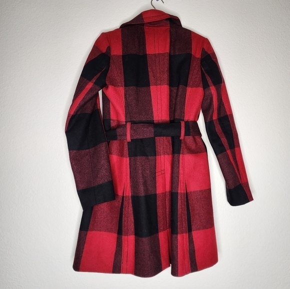 Banana Republic Red Buffalo Plaid Wool Blend Trench Coat XS - Picture 3 of 7